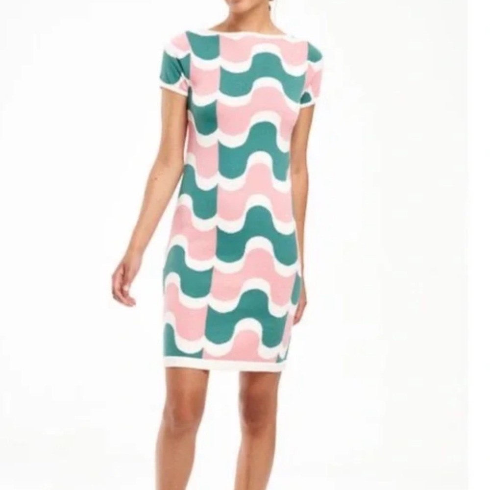 Boden Pink and Green Wave Pattern Dress
